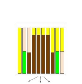 schematic of a Dadant hive in early summer, yellow is honey, light orange is pollen, green is drone comb, brown is brood.